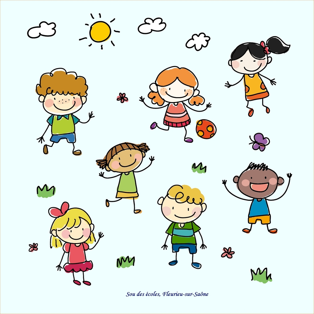 Logo du Sou des écoles Fleurieu-sur-Saône - illustration dessinée - une diversité d&#039;enfants jouant sous le soleil