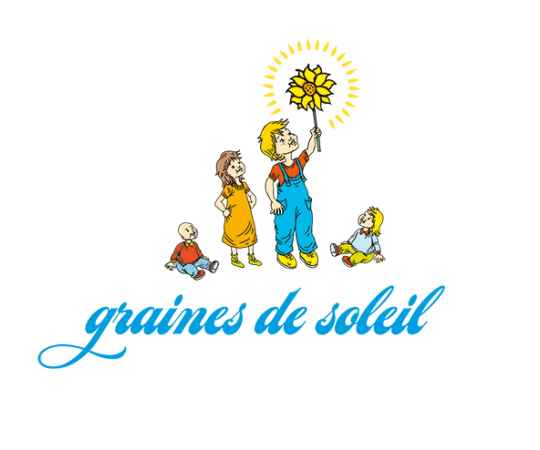 Logo de la micro-crèche Graines de Soleil : des enfants d'âge différents jouent et regardent un tournesol lumineux
