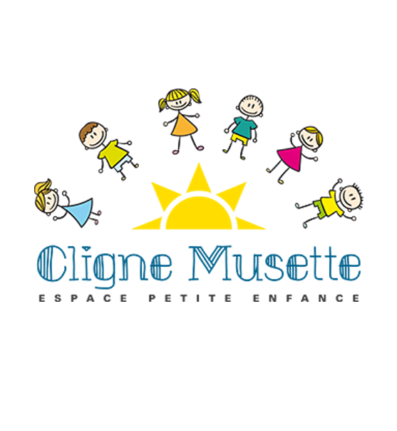 Logo de la crèche Cligne Musette à Briord : dessin d'enfants autour d'un soleil levant