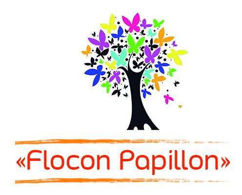 logo de Flocon Papillon : un arbre dont les feuilles sont remplacées par des papillons de toutes les couleurs