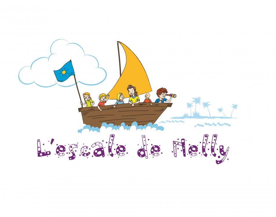 Logo de la crèche lyonnaise L'Escale de Nelly : des enfants sur un bâteau, naviguent vers l'aventure. On voit une île à l'horizon.