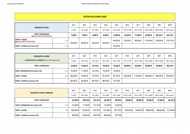TARIFS VACANCES SCOLAIRES 2025-2026